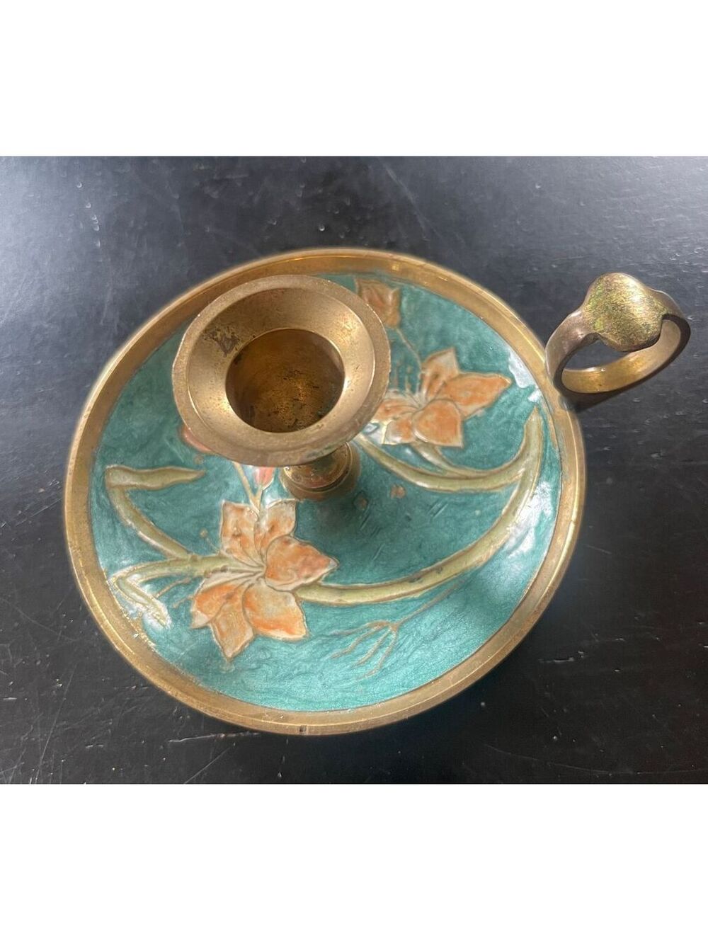 Vintage Brass and Enamel Floral Handheld Candle Holder